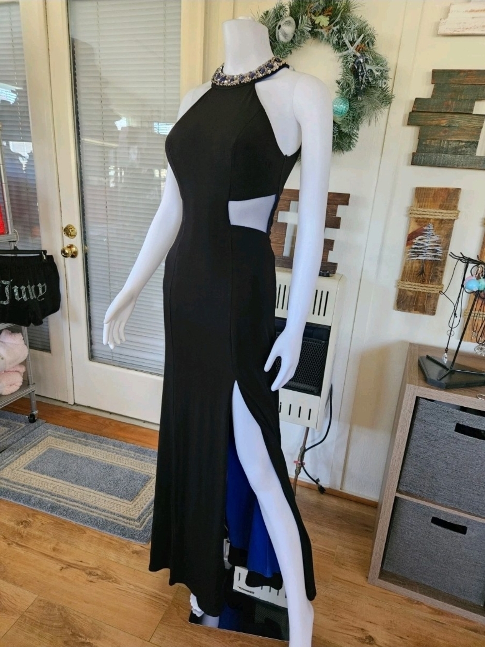 Sequin Hearts Black Halter Prom Gown with Jeweled Neckline Size 3